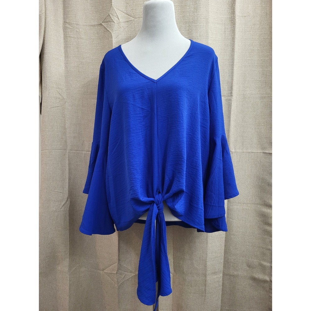 Bluivy Young Contemporary Royal Blue V-Neck Front Tie Bell Sleeve Blouse Large
